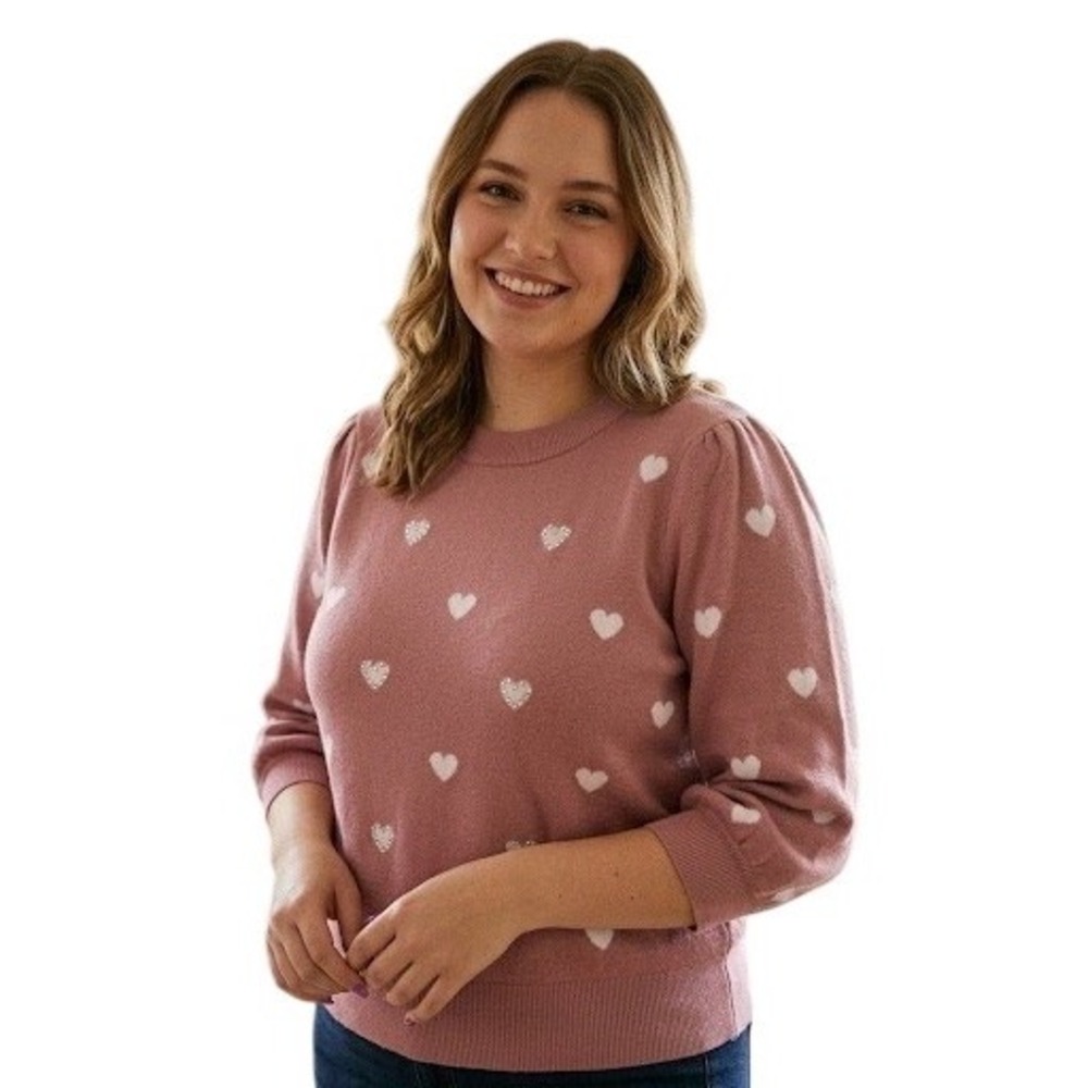 Adrienne Vittadini‎ Pink Heart Rhinestone Puff Sleeve Sweater Plus Size 1X